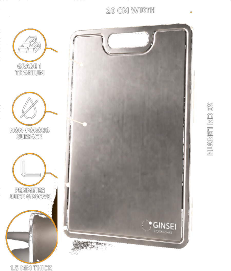 GINSEI titanium board specifications: 30 by 20 cm, grade 1 titanium, non-porous surface, perimeter juice groove, 1.5 mm thick